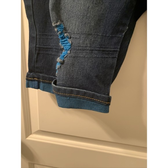 Be Girl Women's Plus Size 16 Blue Capri Jean Shorts Pockets Destroyed Distressed - Picture 8 of 16